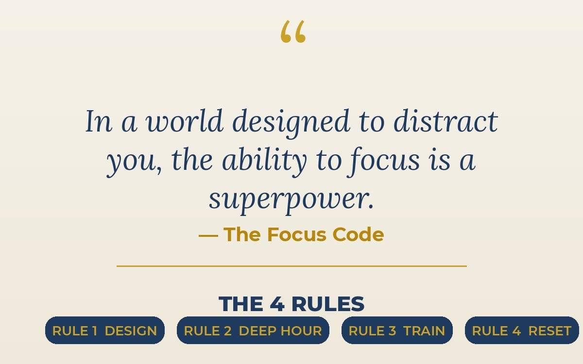 Minimal motivational quote poster for a digital focus code ebook with four rule buttons
