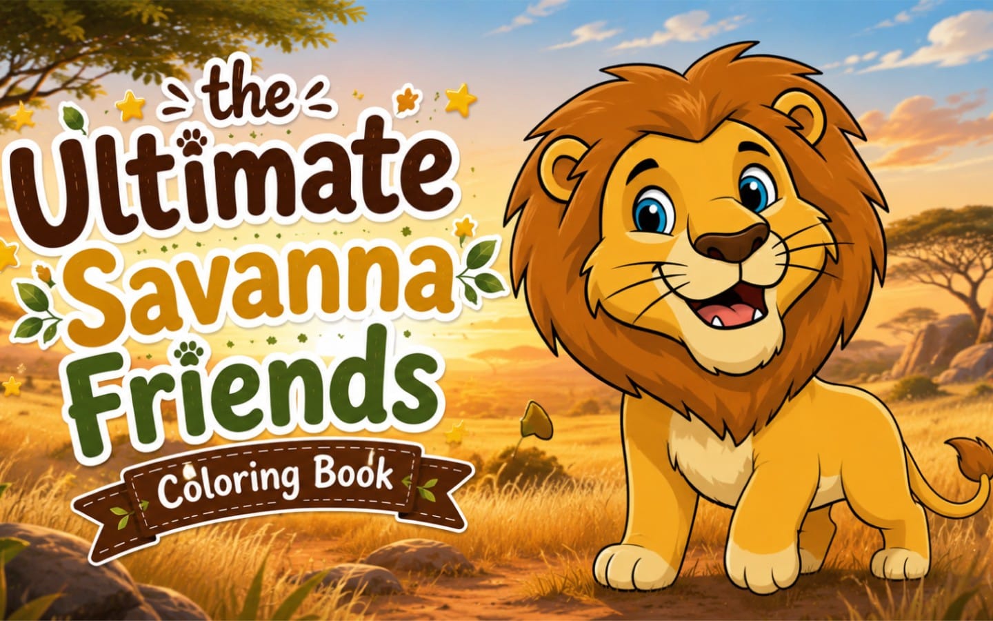 The Ultimate Savannah Friends coloring book Part 3 with a smiling lion character on a savanna sunset background