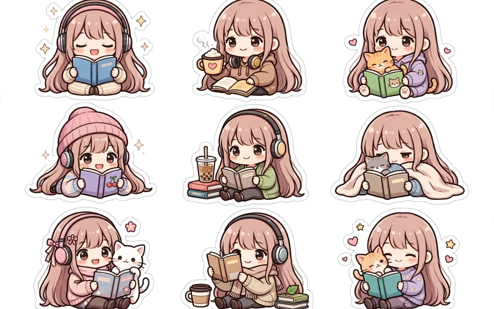 Kawaii Book Lover Sticker Sheet - 9 Cute Reading Girl Stickers - Bookish Girl with Cat & Coffee