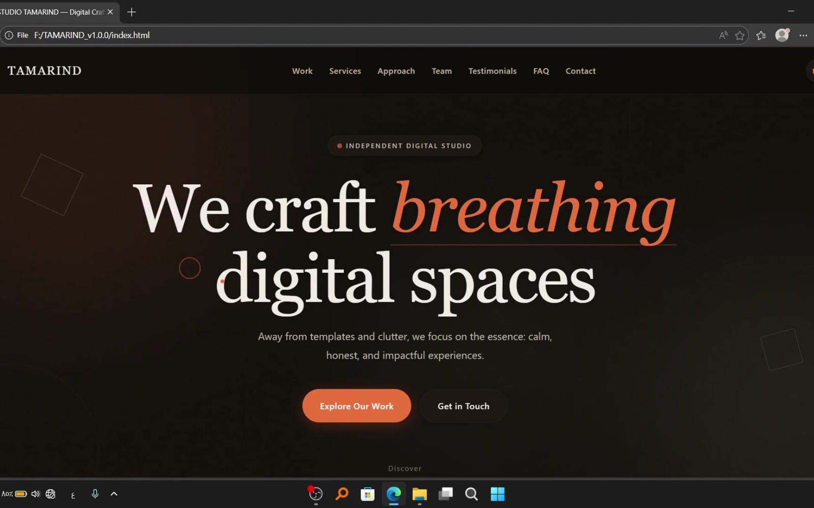 Creative agency HTML template preview with dark hero banner and large typography text We craft breathing digital spaces