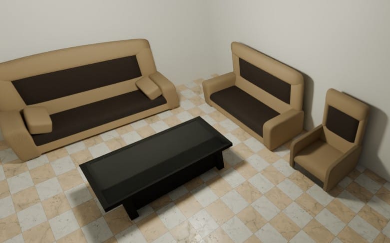Brown and black living room sofa set with matching armchairs and a glass coffee table