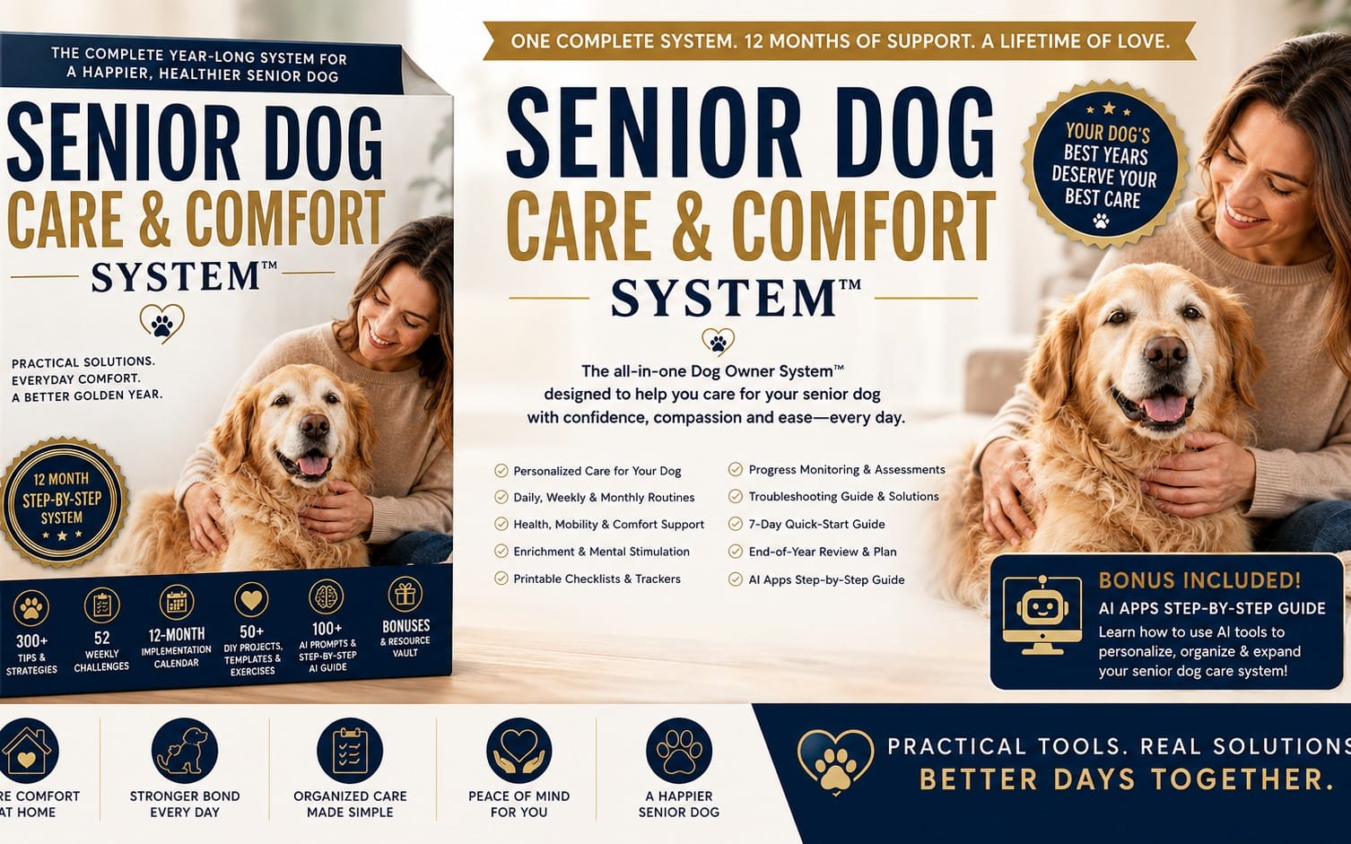 Promotional banner for Senior Dog Care & Comfort System featuring a woman and golden retriever with care guide text and