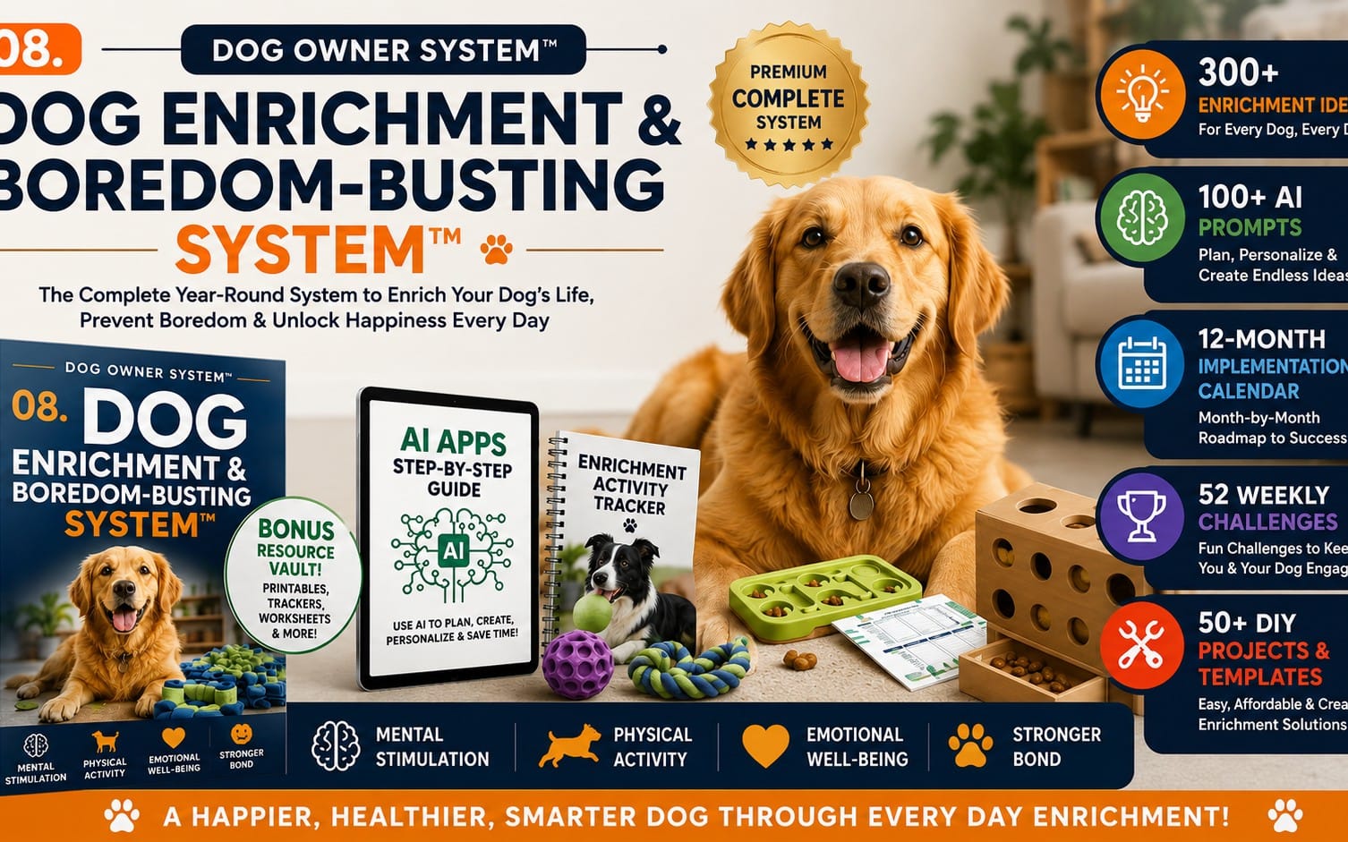 Promotional banner for a dog enrichment and boredom-busting system with golden retriever, tracker guide, and puzzle toys