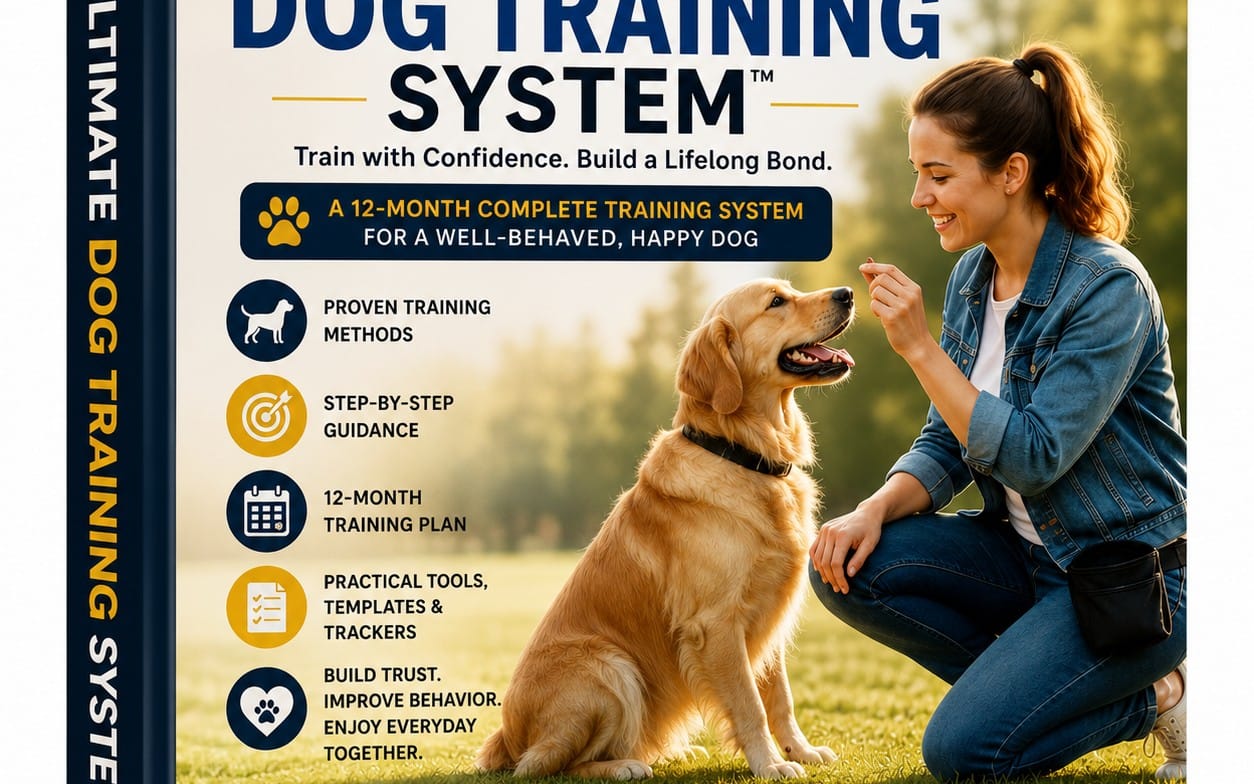 Dog training system promotional cover with a woman kneeling beside a golden retriever and training plan icons