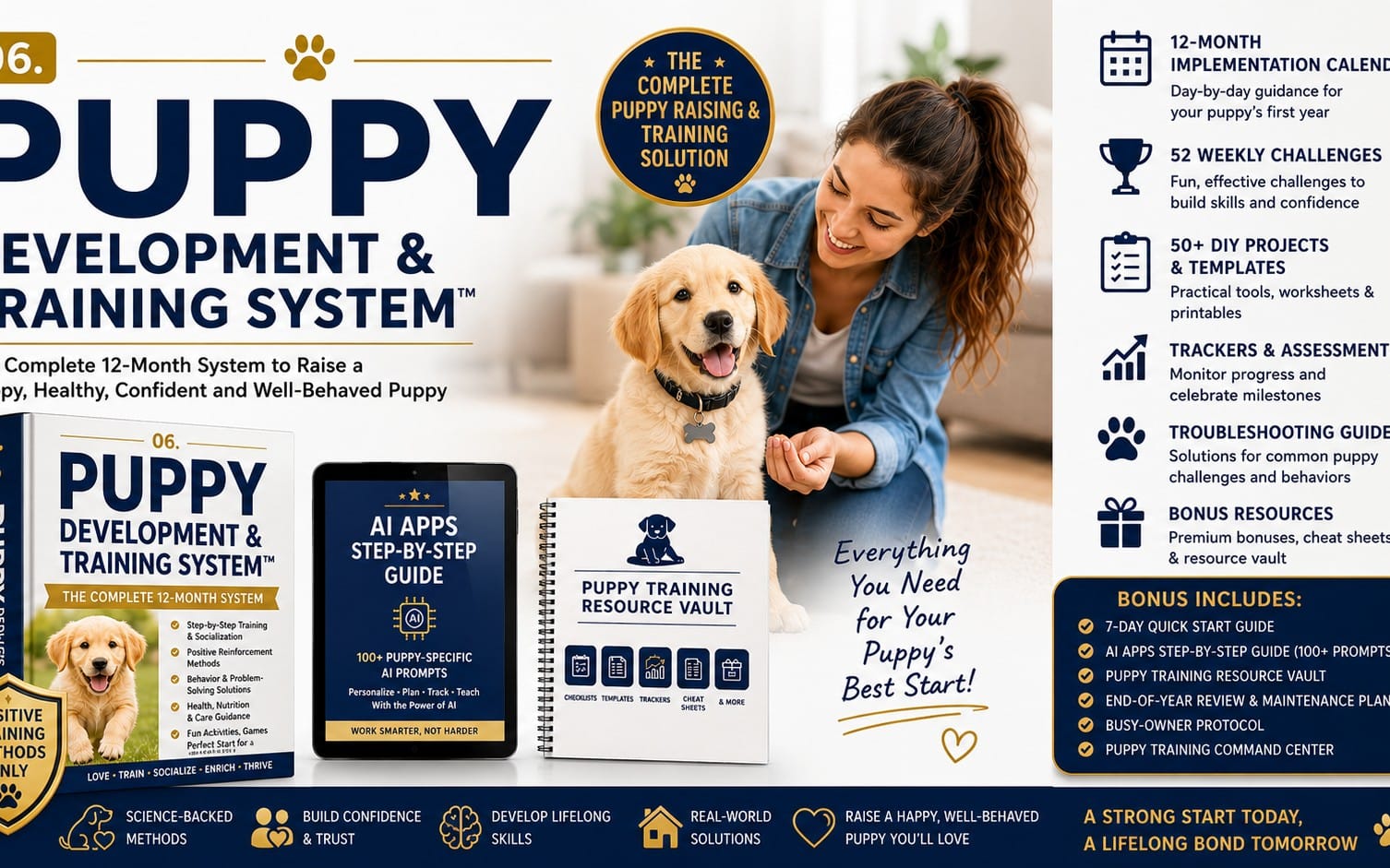 Promotional graphic for a puppy development and training system with golden retriever puppy and smiling owner