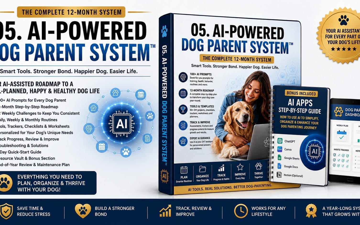 AI-powered dog parent system digital guide box set with bonus AI apps planner shown on packaging graphic