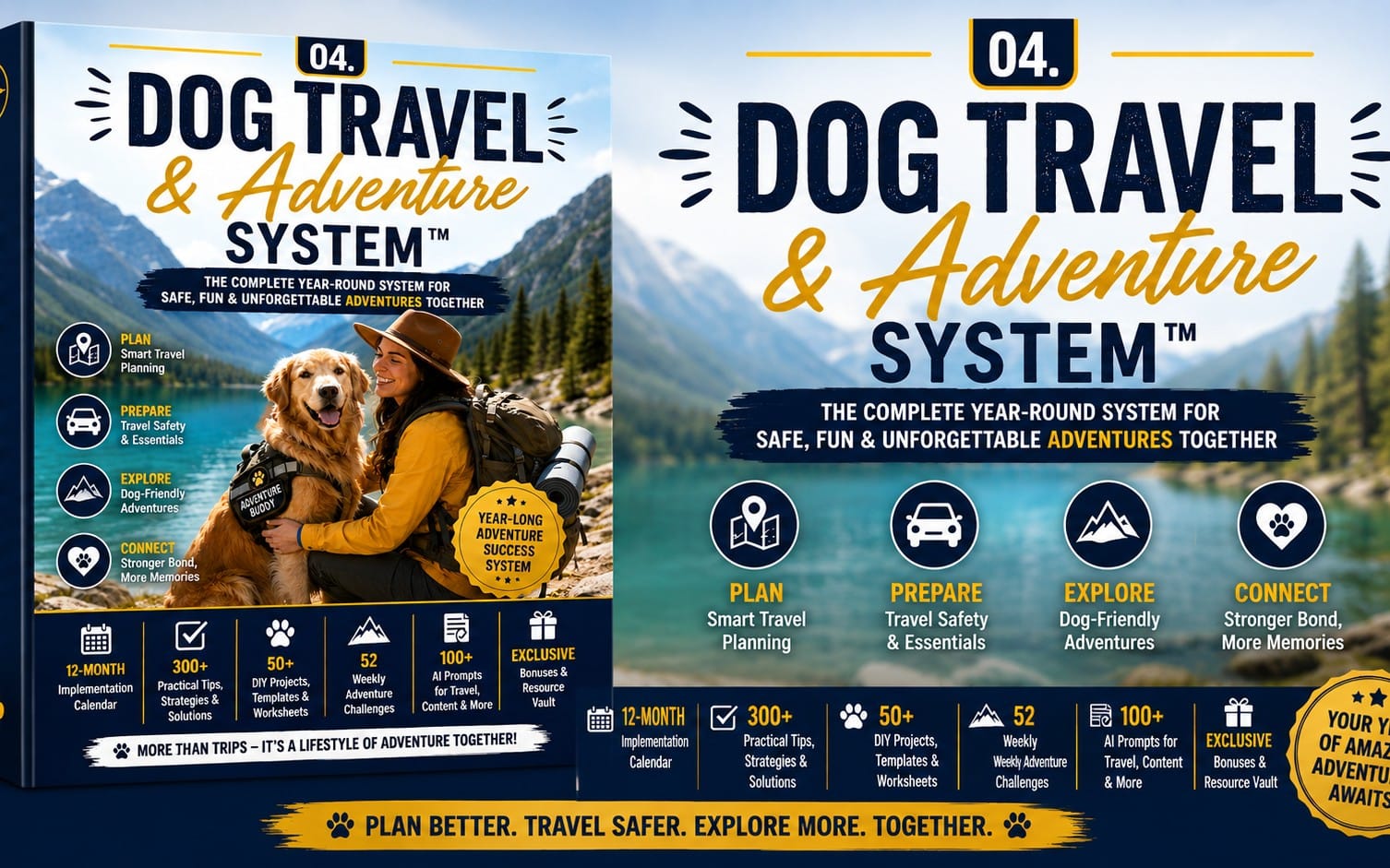 Promotional book cover for Dog Travel & Adventure System with a golden retriever, hiker backpacking, and mountain lake