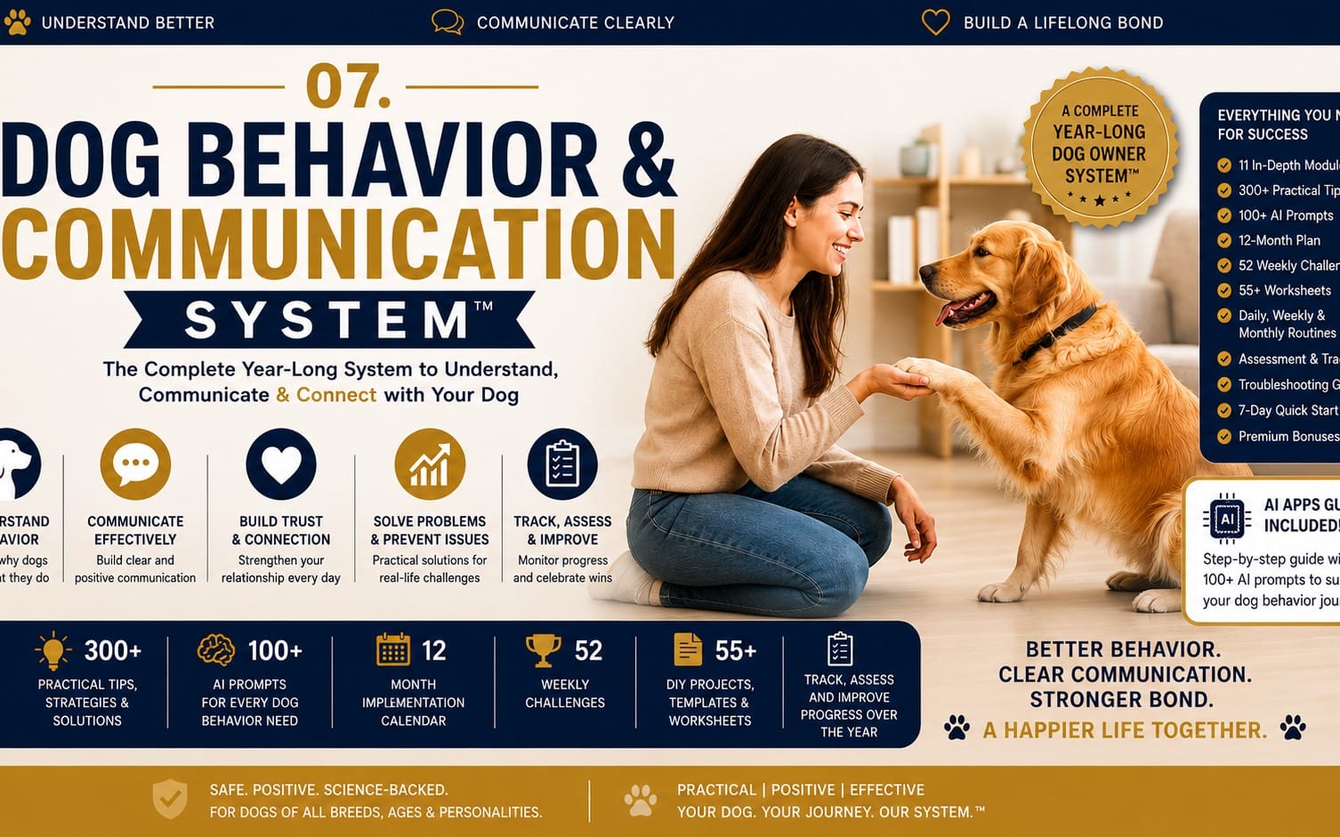 Dog behavior and communication training system banner with woman kneeling beside a golden retriever and infographic text