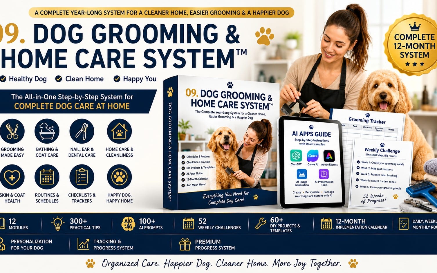 Promotional dog grooming and home care system kit with woman grooming a dog and tablets, charts, and tracker pages