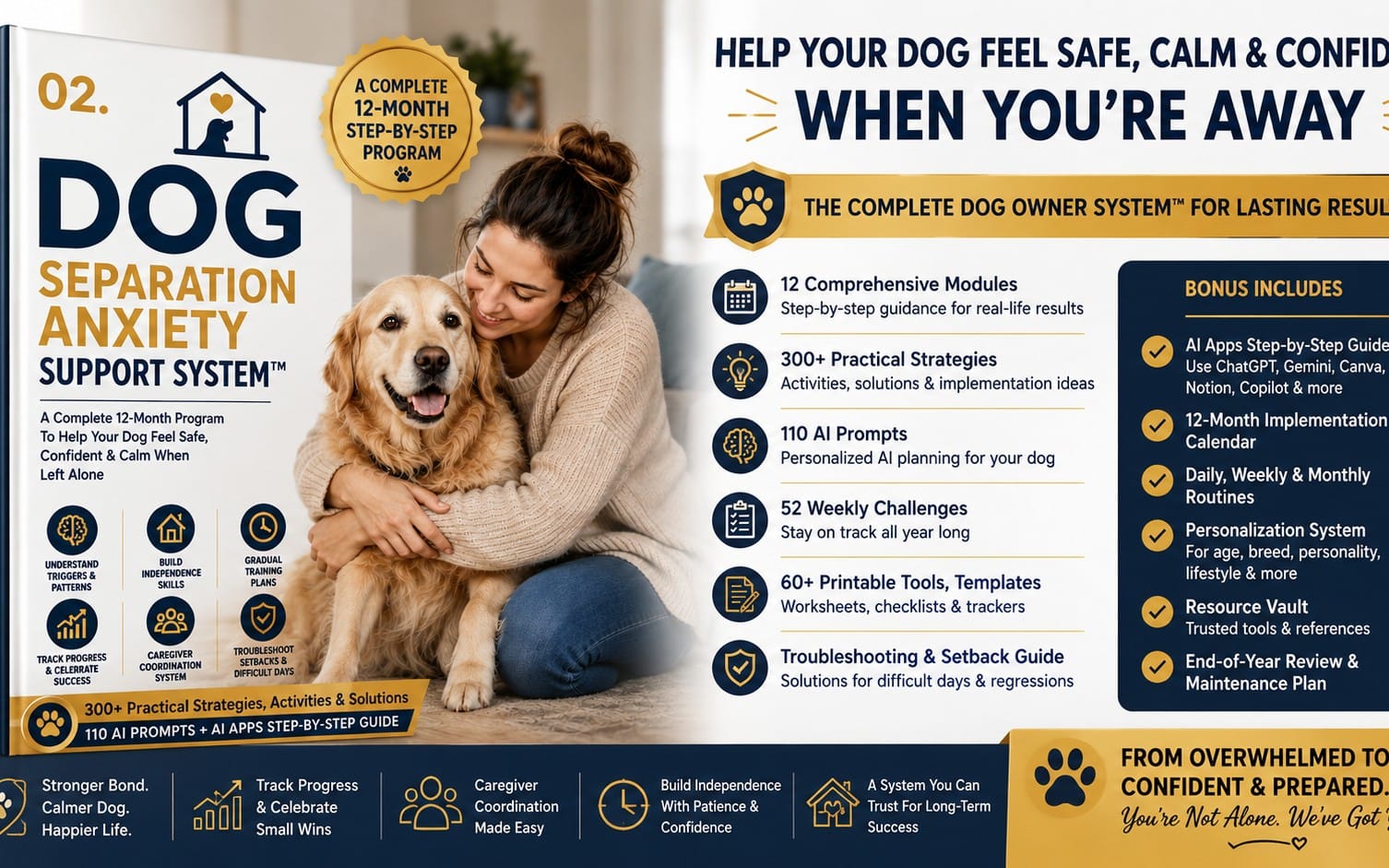 Promotional cover for a dog separation anxiety support system program featuring a woman hugging a golden retriever and