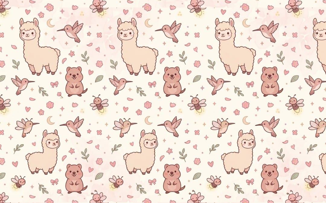 Seamless Sweet & Pink Meadow Alpaca pattern with cute llamas, bears, birds, flowers, and butterflies on pale background