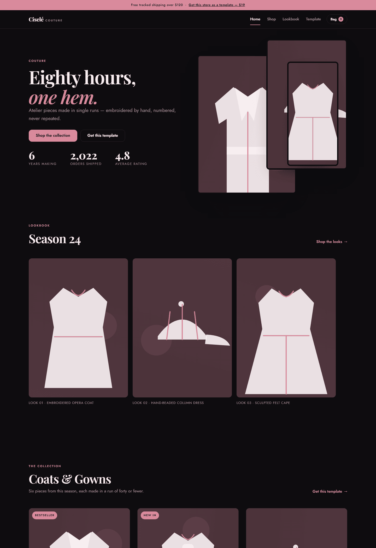 Fashion e-commerce store template preview with couture UI, navigation, hero text, and dress product cards on dark