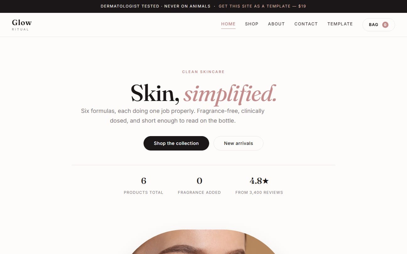 Skincare store website template hero section with navigation and call-to-action buttons for Glow Ritual HTML CSS JS