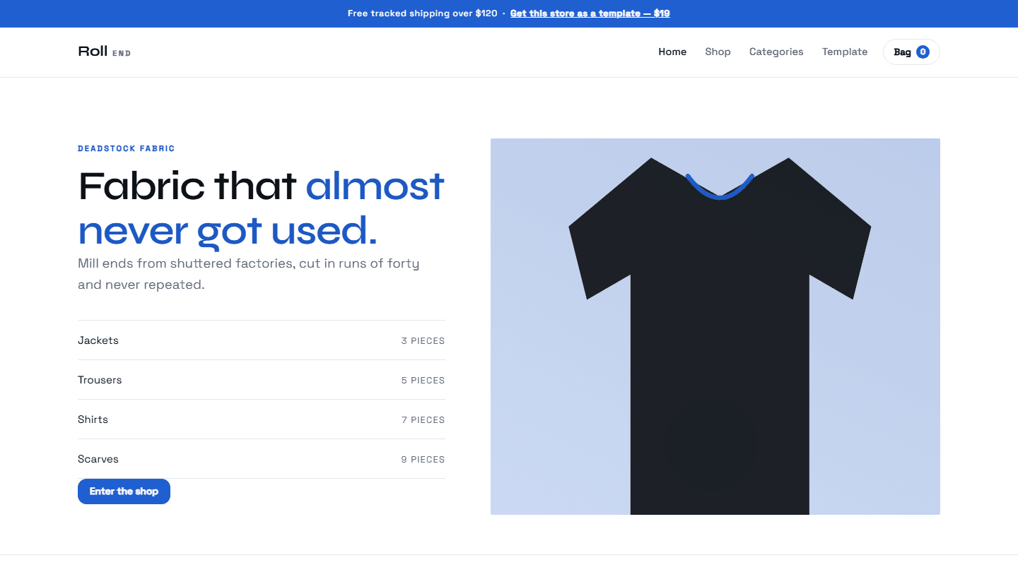 Deadstock fabric store HTML CSS JS template hero section with navigation and a black shirt graphic
