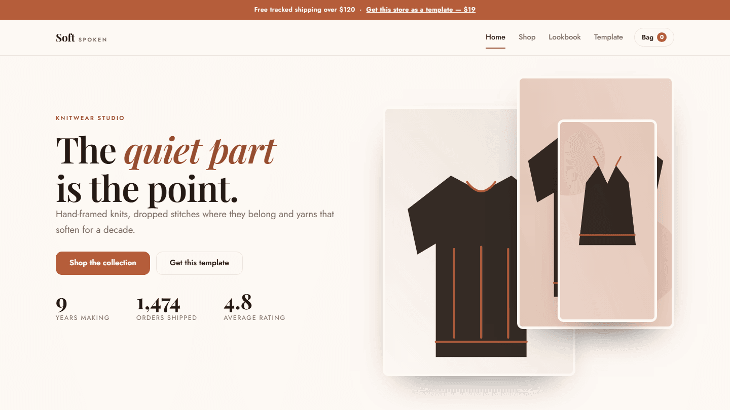 Soft Spoken knitwear store template hero section with shirt illustrations, navigation bar and product statistics layout