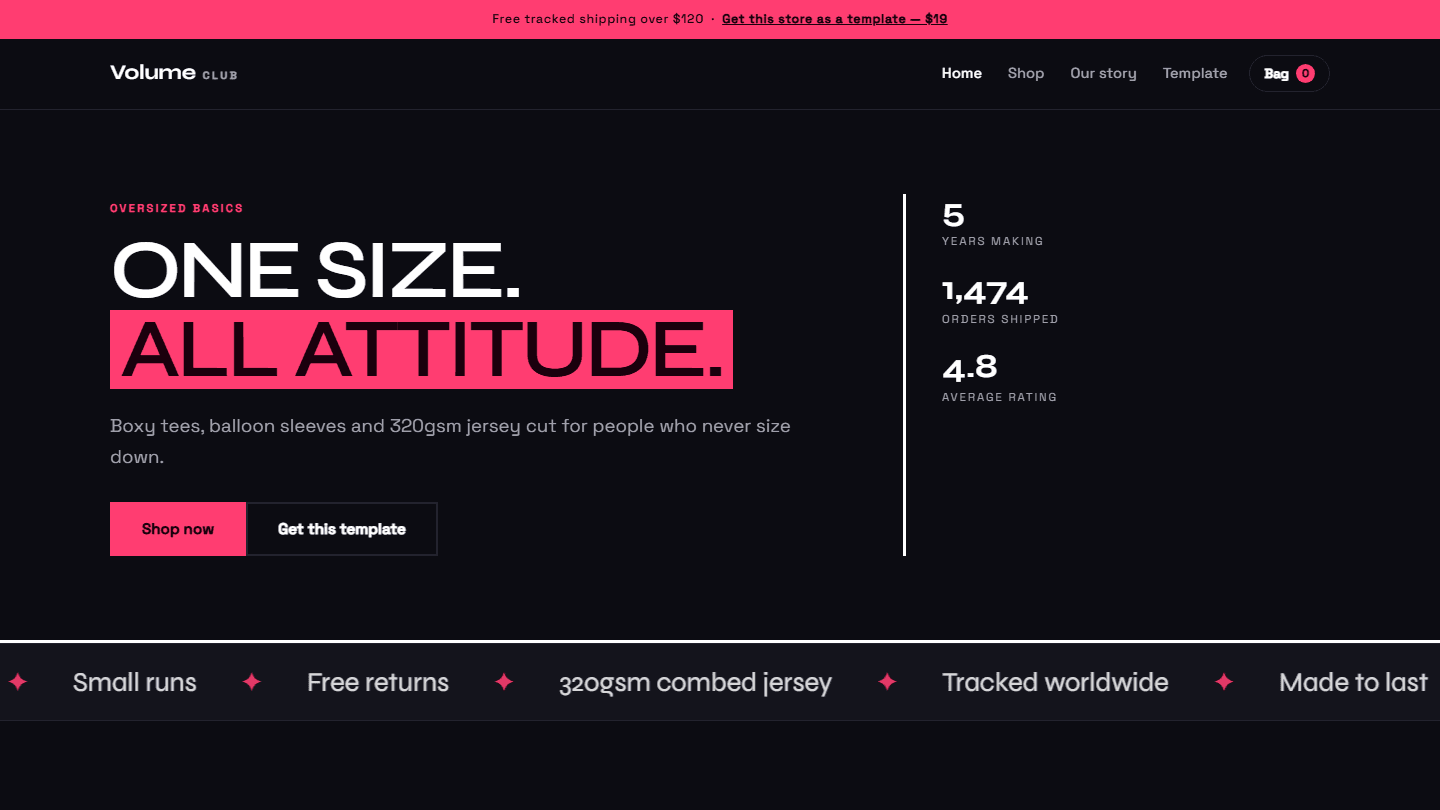 Dark e-commerce store template hero section for Volume Club with oversized text and stats, HTML CSS JS design