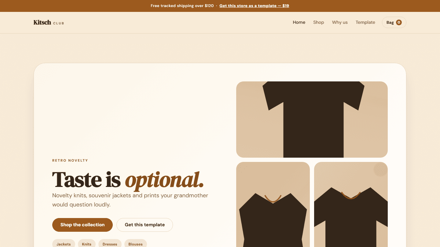 Retro e-commerce HTML CSS JS store template webpage layout with header, hero banner, and product category tiles