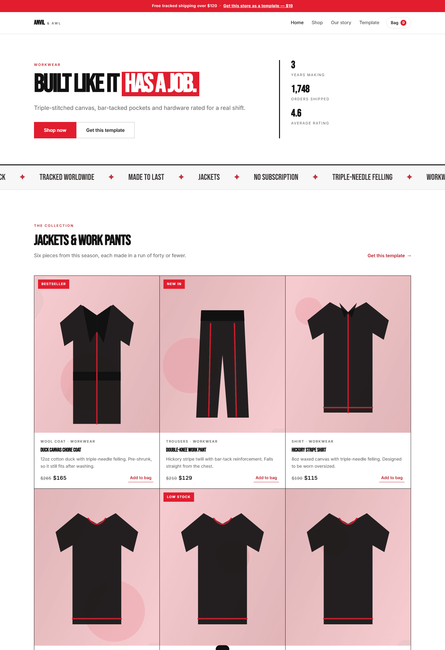 Workwear ecommerce HTML/CSS/JS store template screenshot with hero banner and product grid for jackets and pants