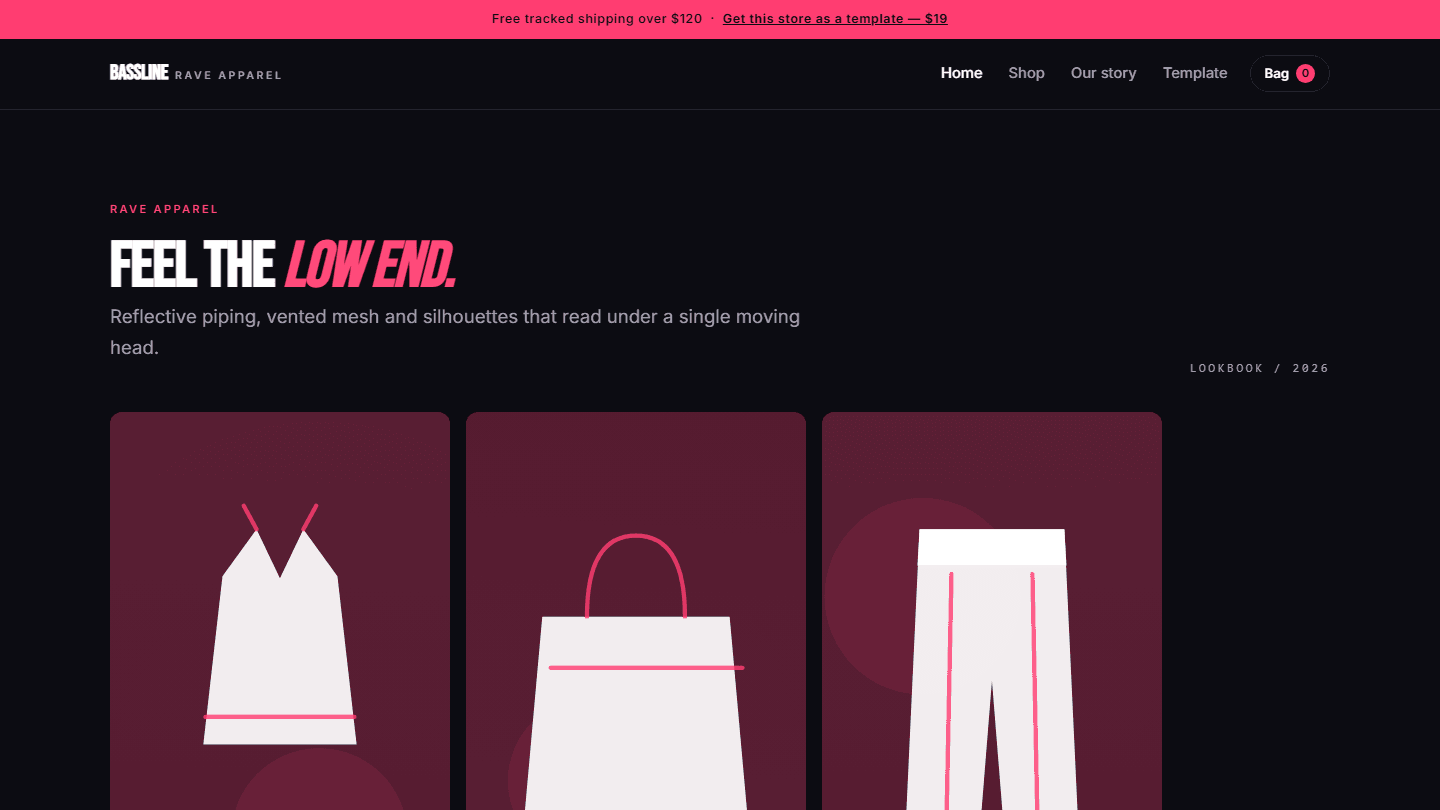 Dark-themed Rave apparel store template webpage with navigation and product tiles, HTML CSS JS digital product preview