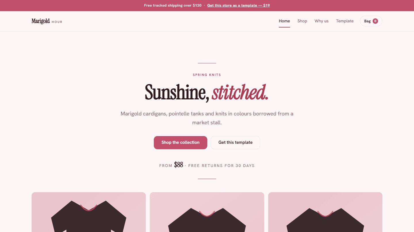 Marigold Hour spring knits store template webpage with header navigation, hero text, and product card layout in