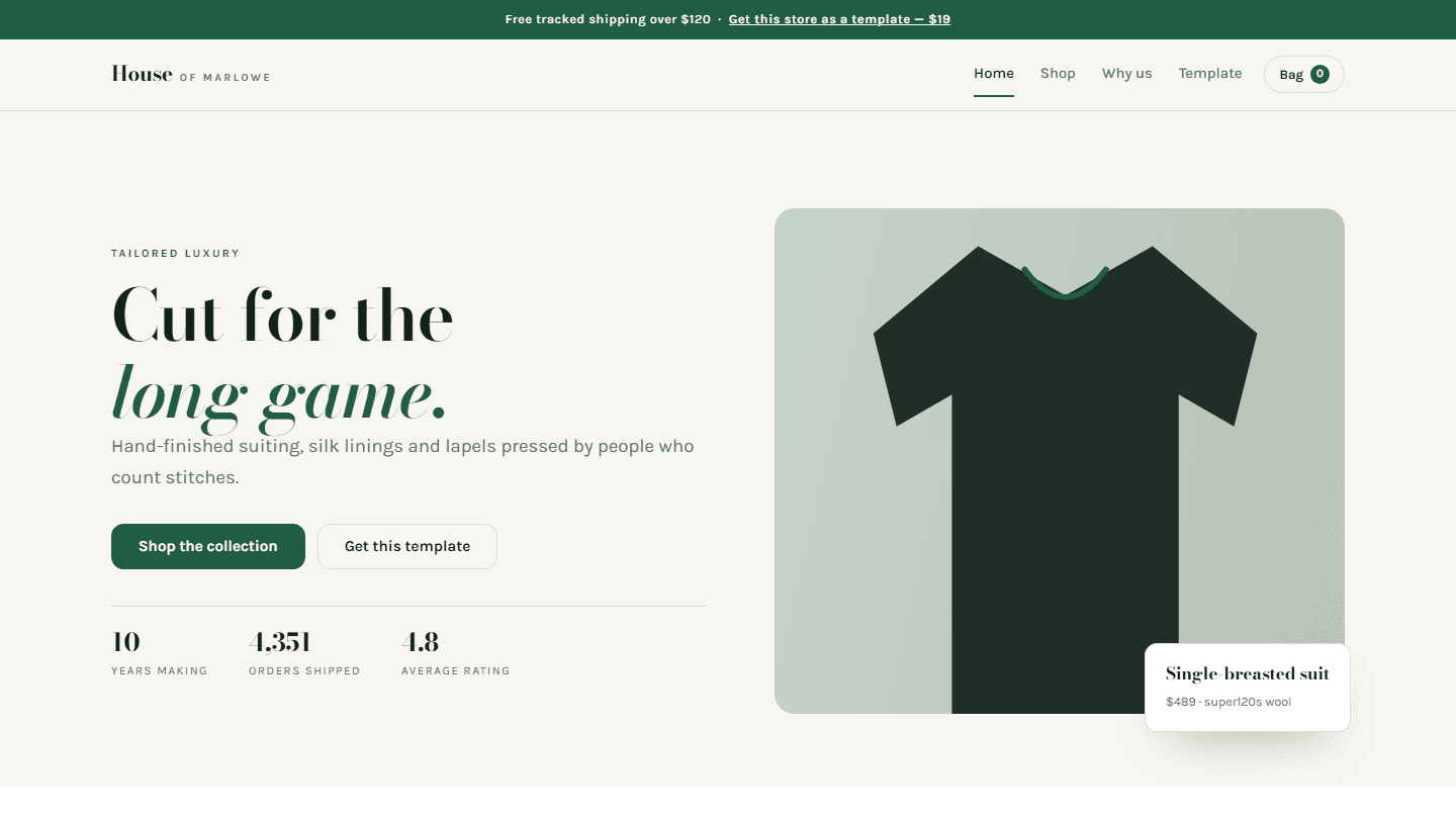 House of Marlowe luxury e-commerce store template web page preview with hero banner and product graphic