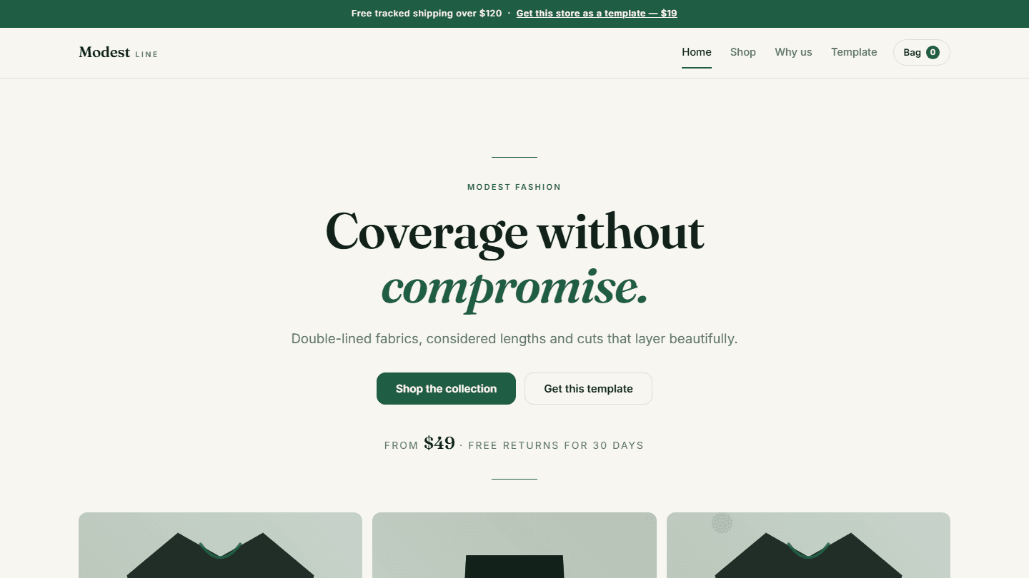 Modest Line modest fashion online store website template preview with hero banner, navigation, and product sections
