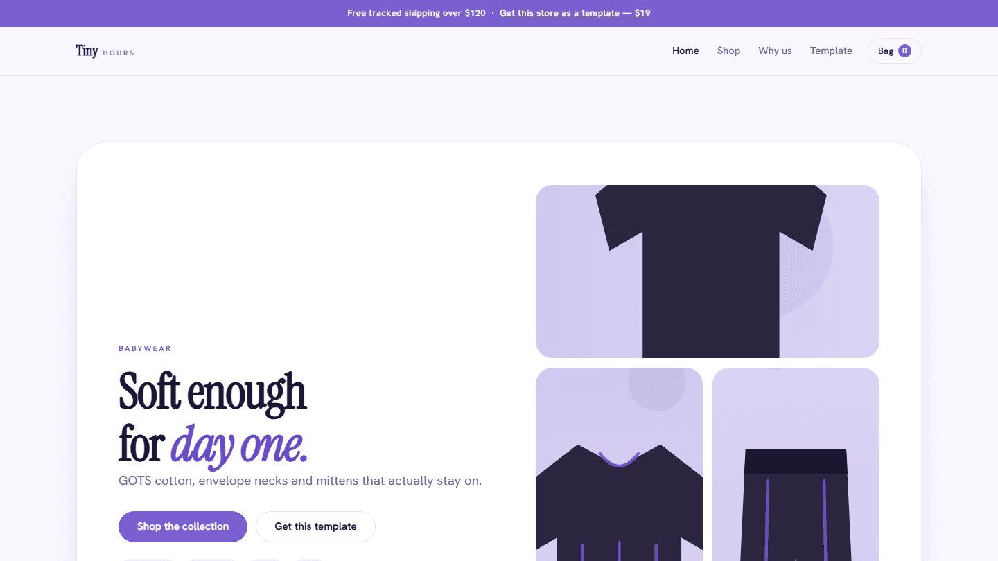 Browser screenshot of Tiny Hours complete babywear store website template with hero banner and product cards