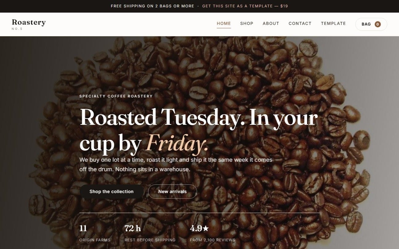 Coffee roaster website template preview with navigation, hero text, and roasted coffee beans background HTML CSS JS