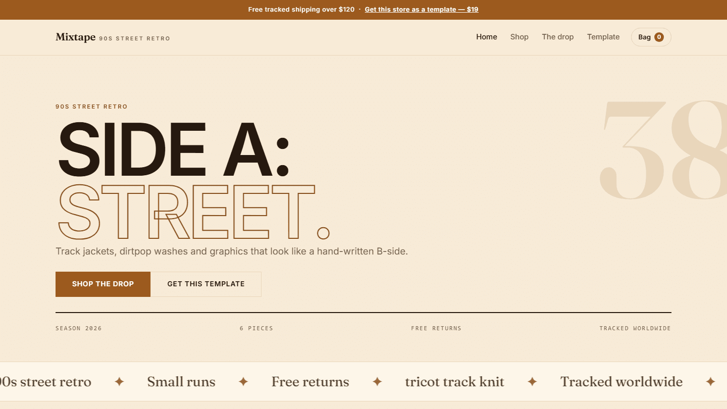 Retro 90s street storefront landing page HTML CSS JS template preview with navigation, hero text, and buttons