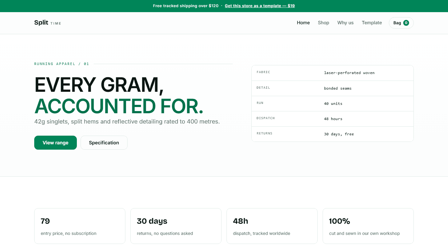 Split Time running apparel online store template webpage layout with hero text and product specifications table