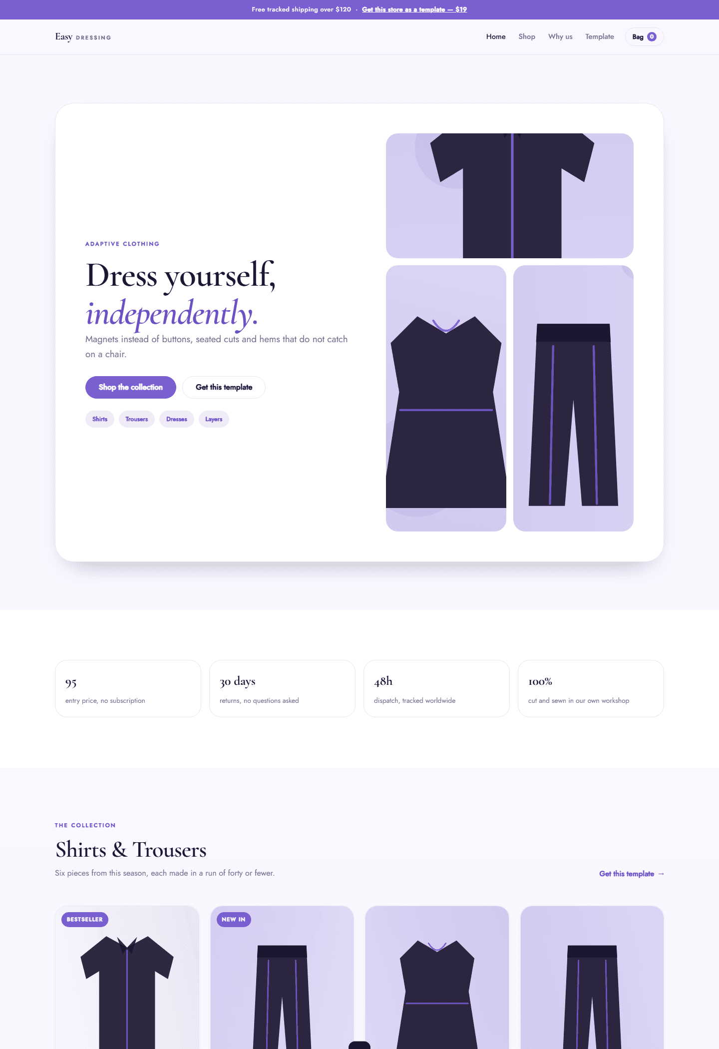 Adaptive clothing store website template screenshot with dress icons and HTML/CSS/JS storefront layout