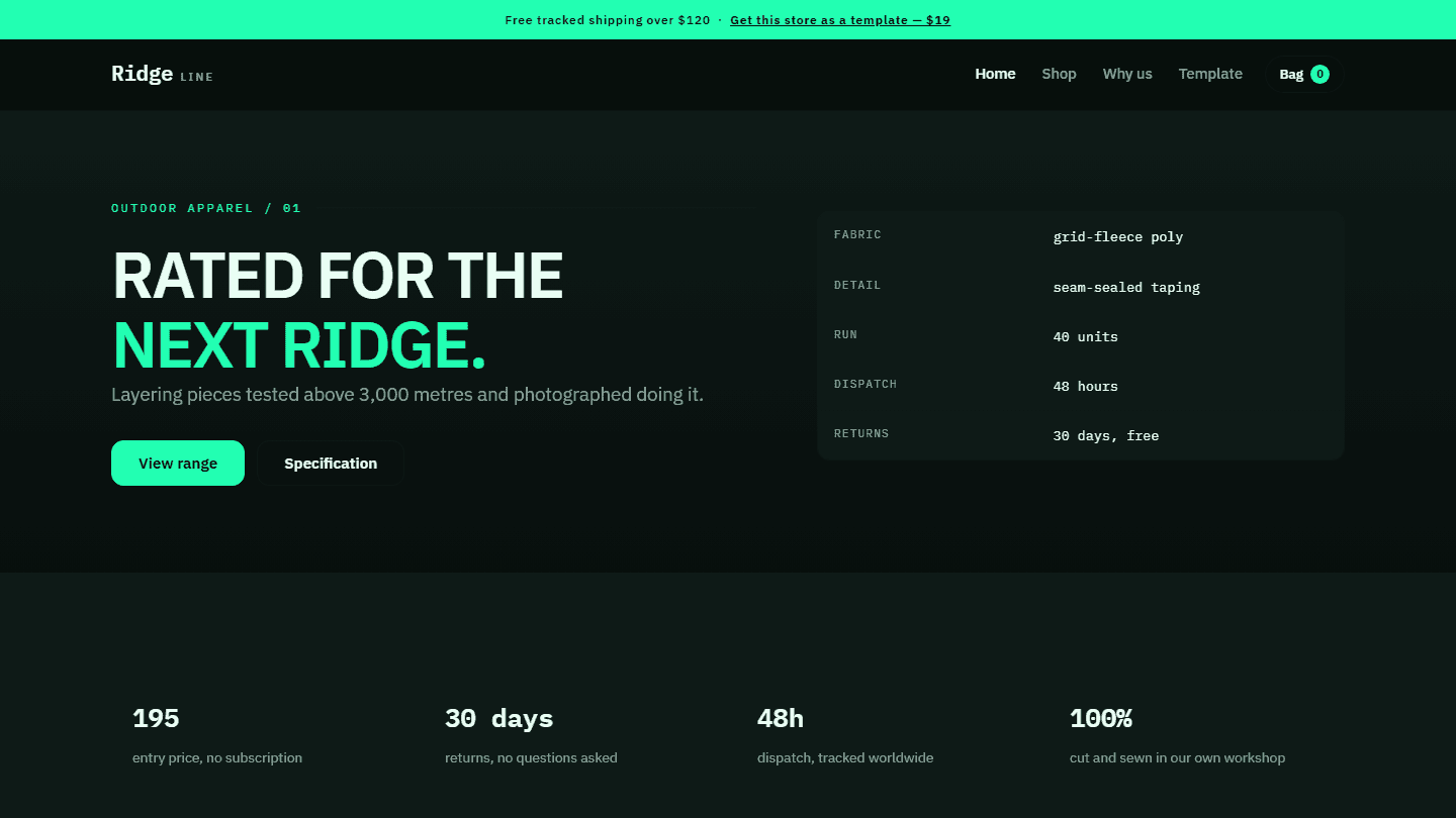 Ridge Line outdoor apparel e-commerce store template web page with navigation, product specs, and CTA buttons