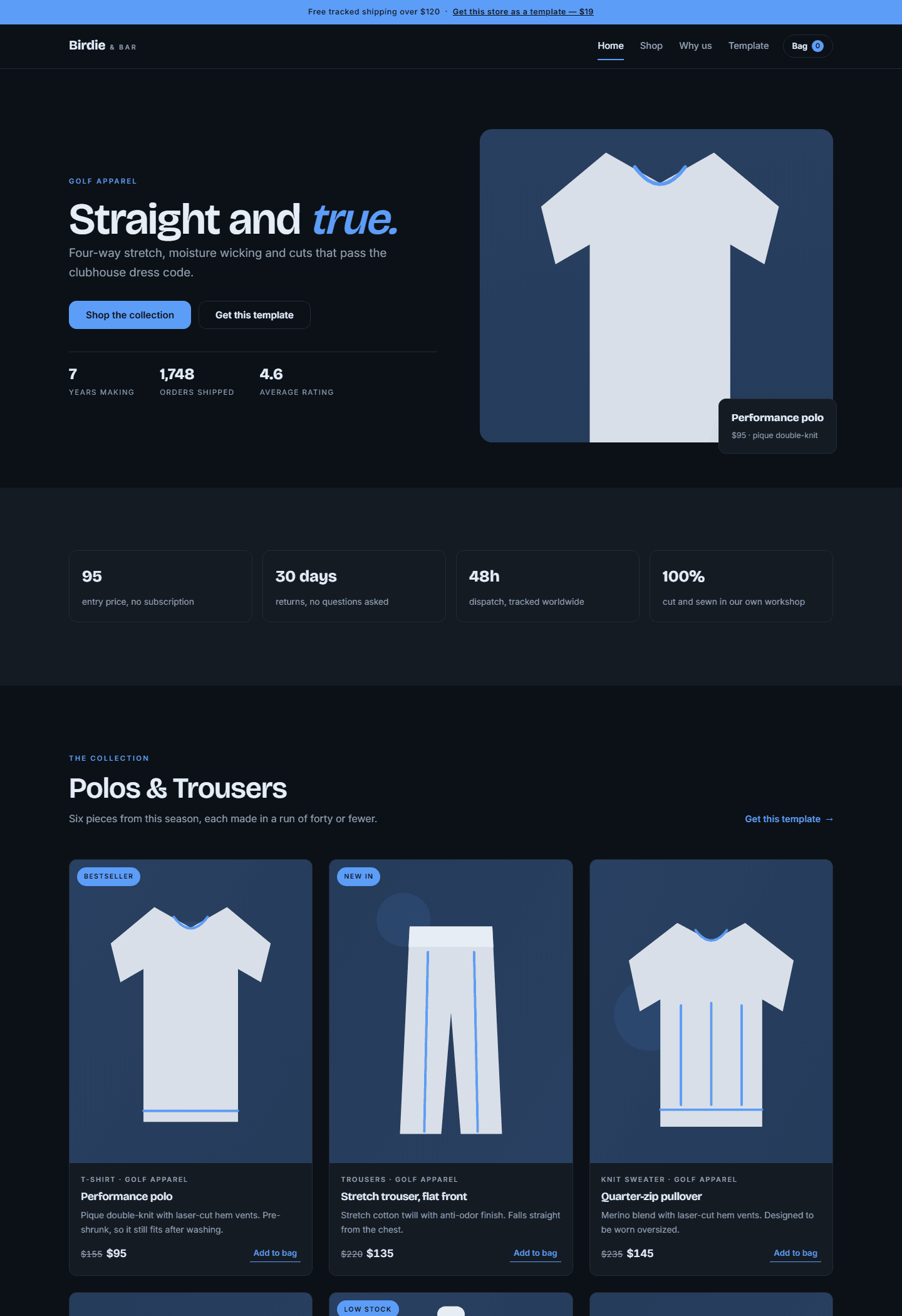 Birdie & Bar complete golf apparel online store template preview with product cards and navigation in HTML CSS JS