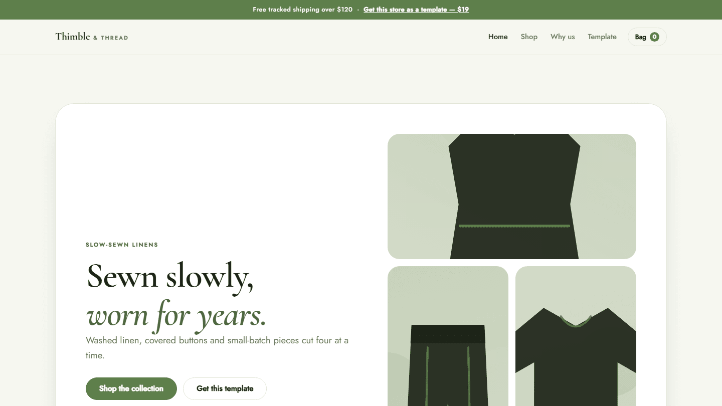 Thimble & Thread e-commerce store template with linens hero section and product grid in HTML CSS JS