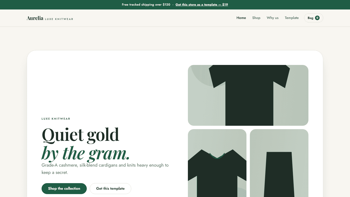 Aurelia luxe knitwear HTML CSS JS store template homepage mockup with hero section and product cards