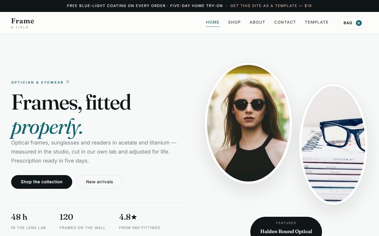 Eyewear store website template landing page with navigation, promo text, and oval product photos in HTML CSS JS design