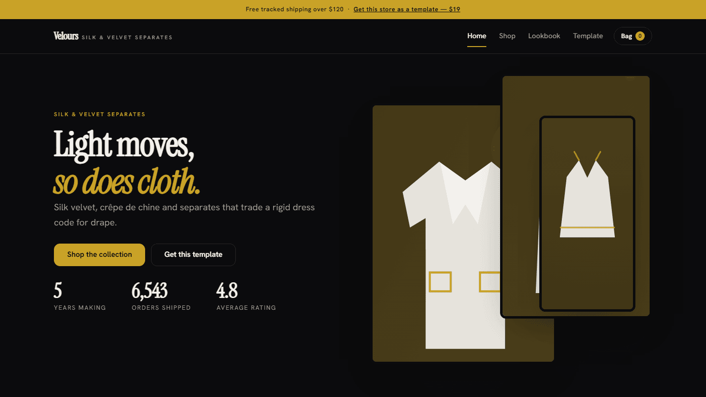 Dark fashion store template hero section with navigation, buttons, stats, and clothing garment cards using HTML CSS JS