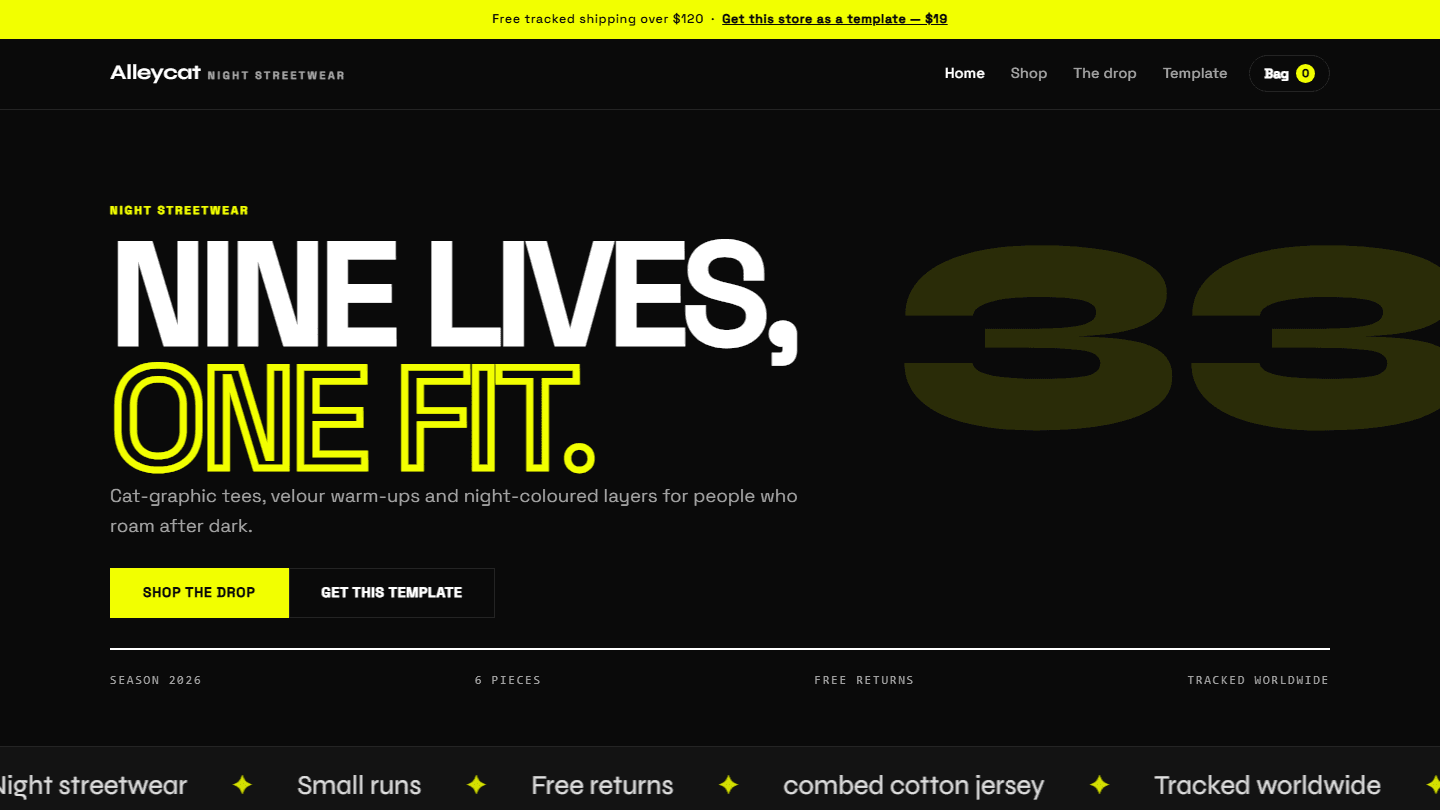 Dark Alleycat night streetwear e-commerce store template hero section with large typography and navigation bar