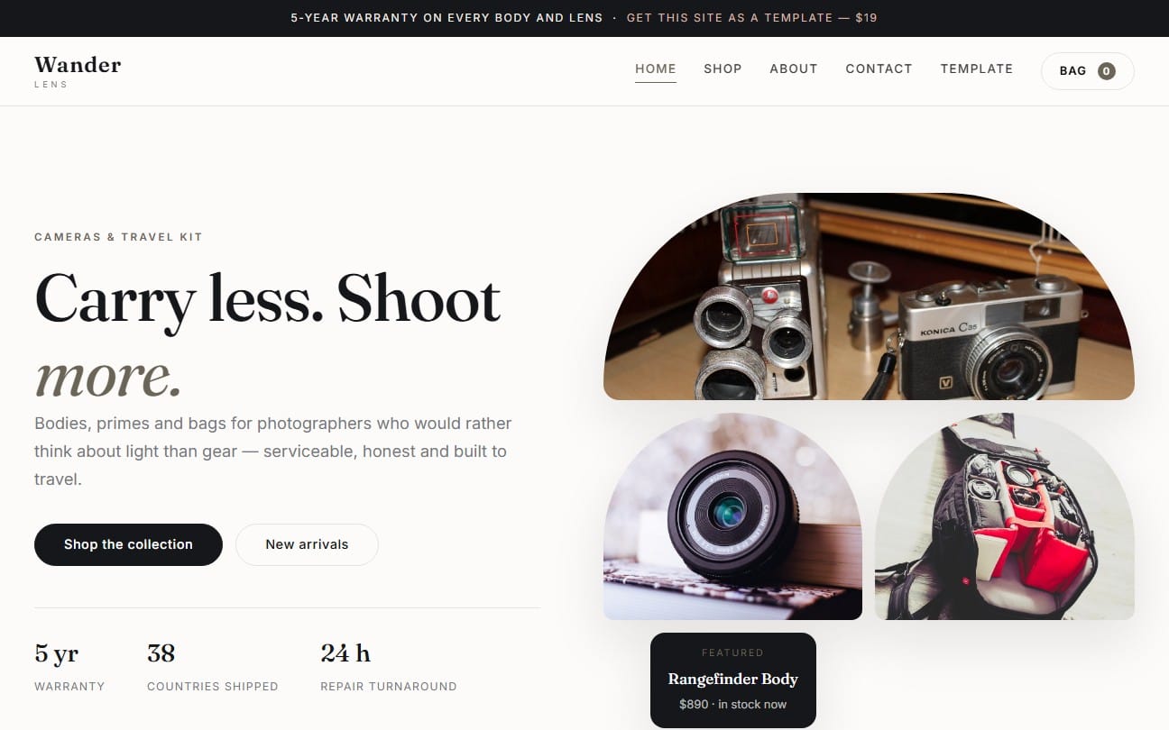 Wander Lens camera and travel store website template preview with hero text and product photos