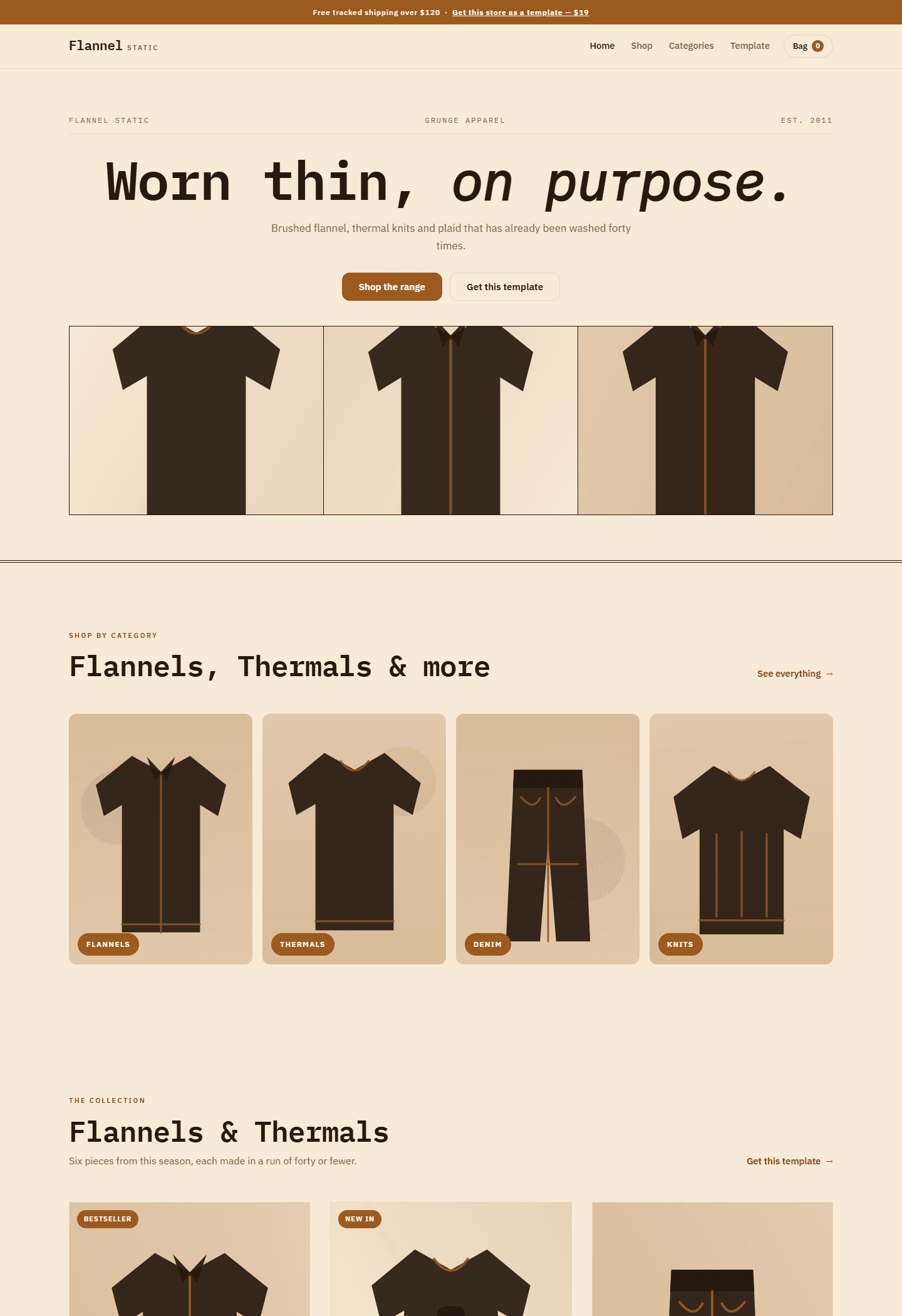 Grunge-style flannel static ecommerce store template screenshot with category product cards and UI header