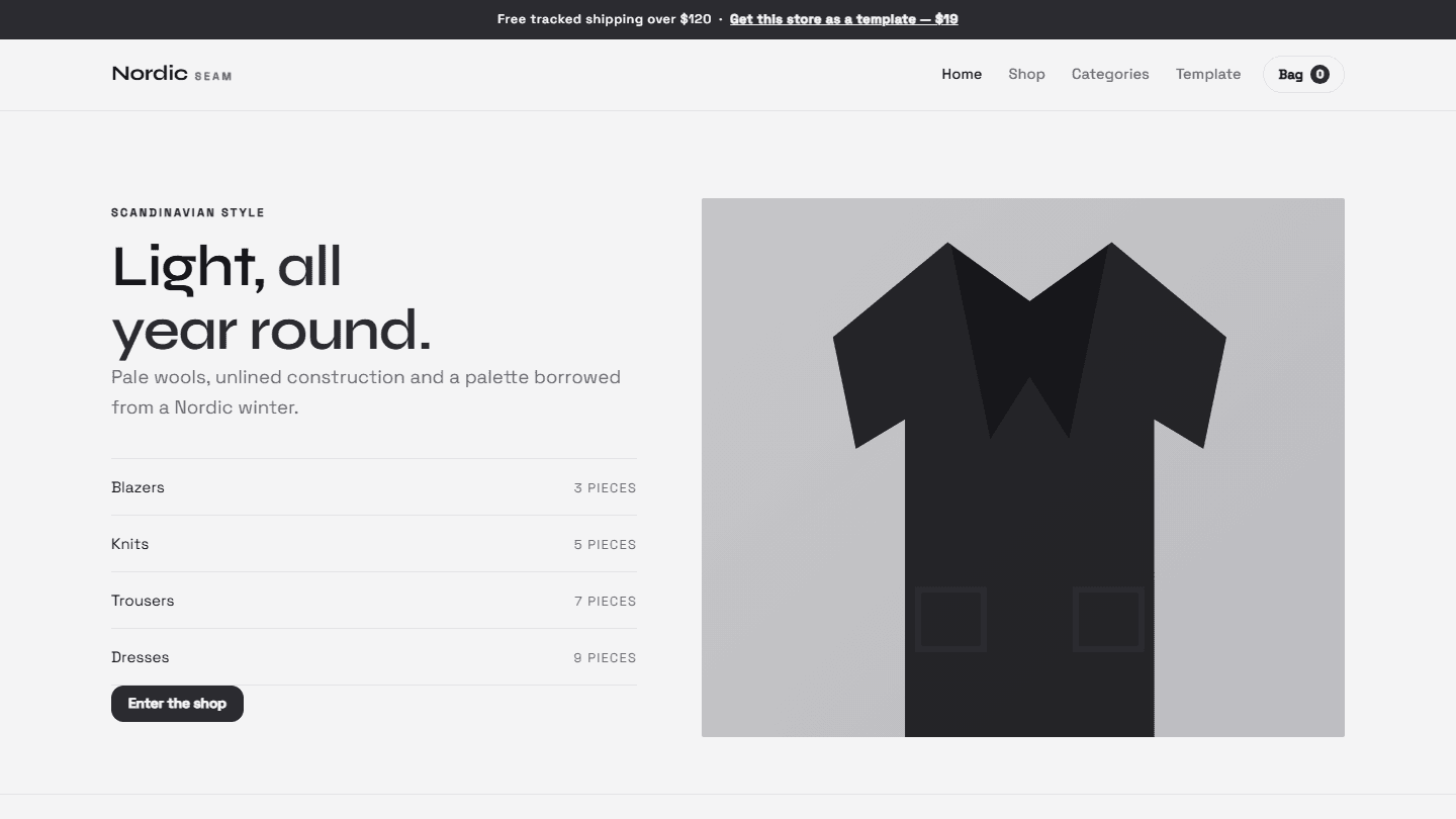 Nordic themed e-commerce store template webpage showing header navigation, product categories, and a hero clothing