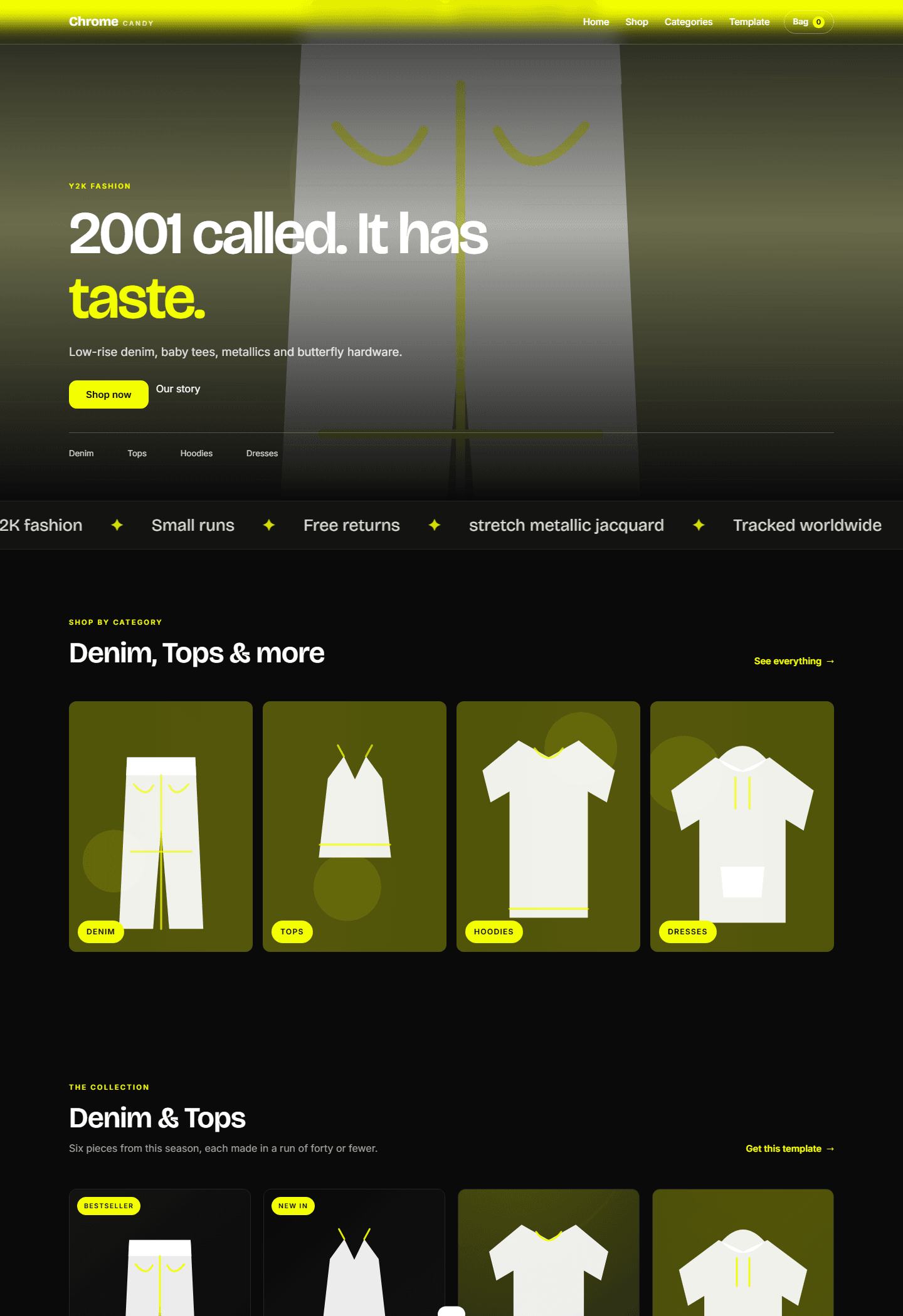 Y2K fashion e-commerce template homepage screenshot with hero text and category product cards in HTML CSS JS design