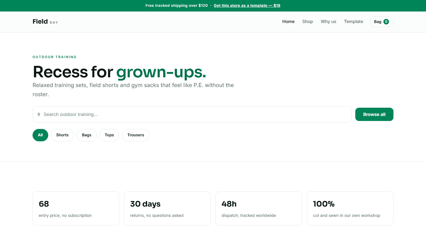 Website hero section for Field Day outdoor training store template with navigation, search bar, filters, and stats cards