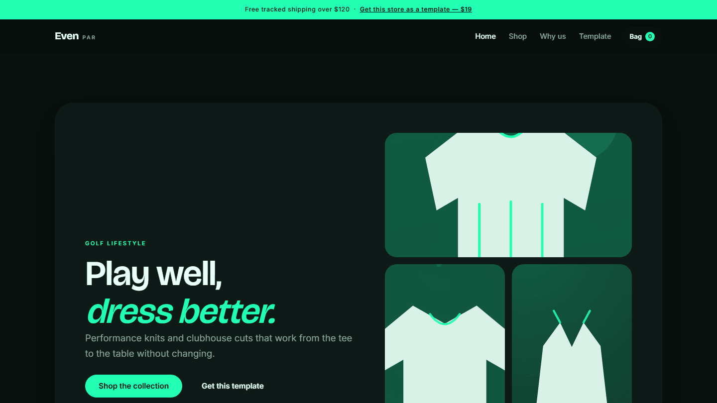 Even Par golf lifestyle e-commerce store template web page with hero banner and product cards HTML CSS JS preview