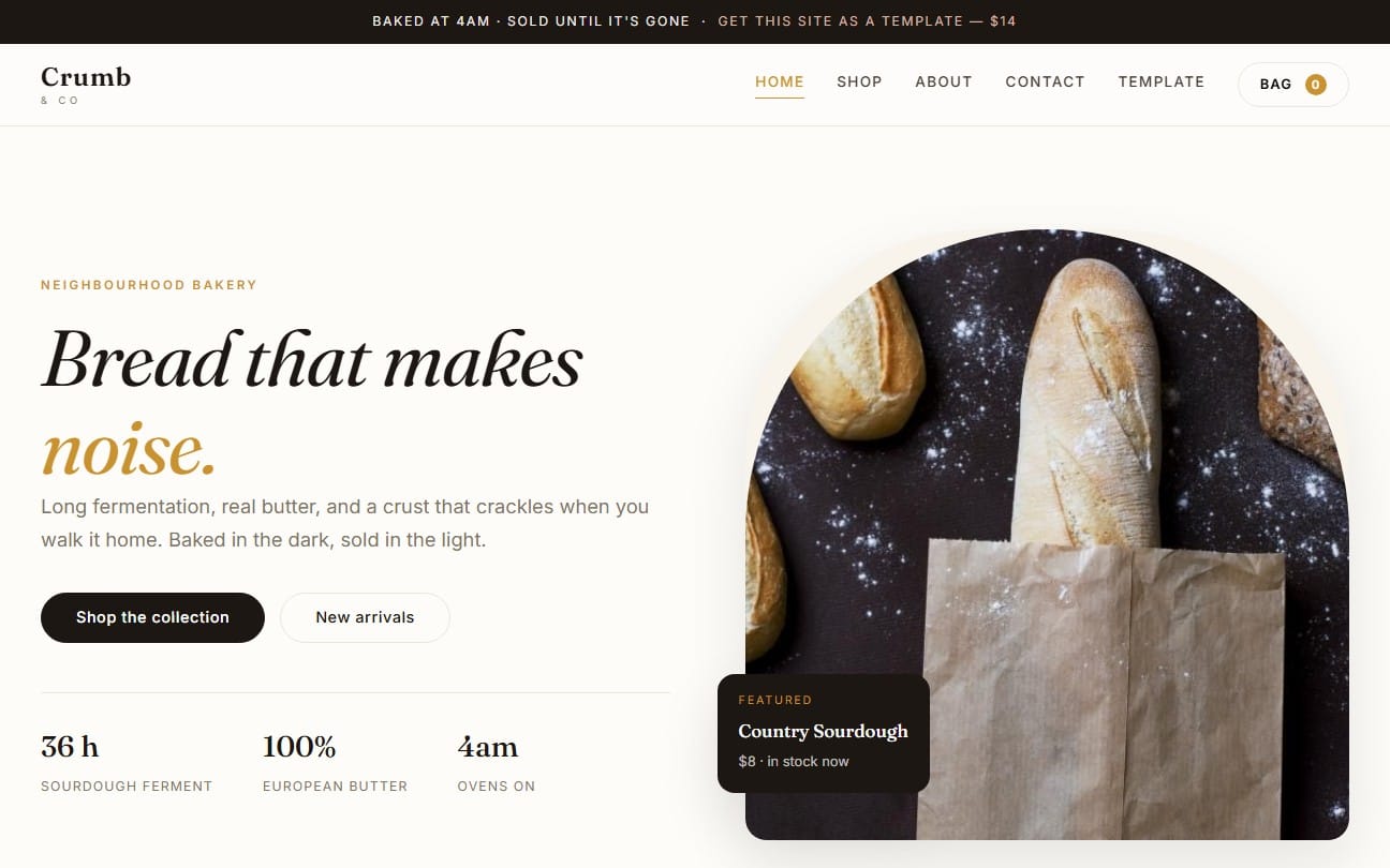 Bakery website template screenshot with hero section headline, navigation bar, and featured sourdough product image