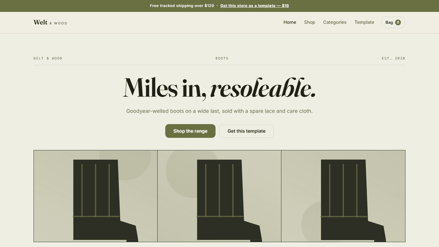Welt & Wood boots store website template layout with header, navigation menu, and product hero section
