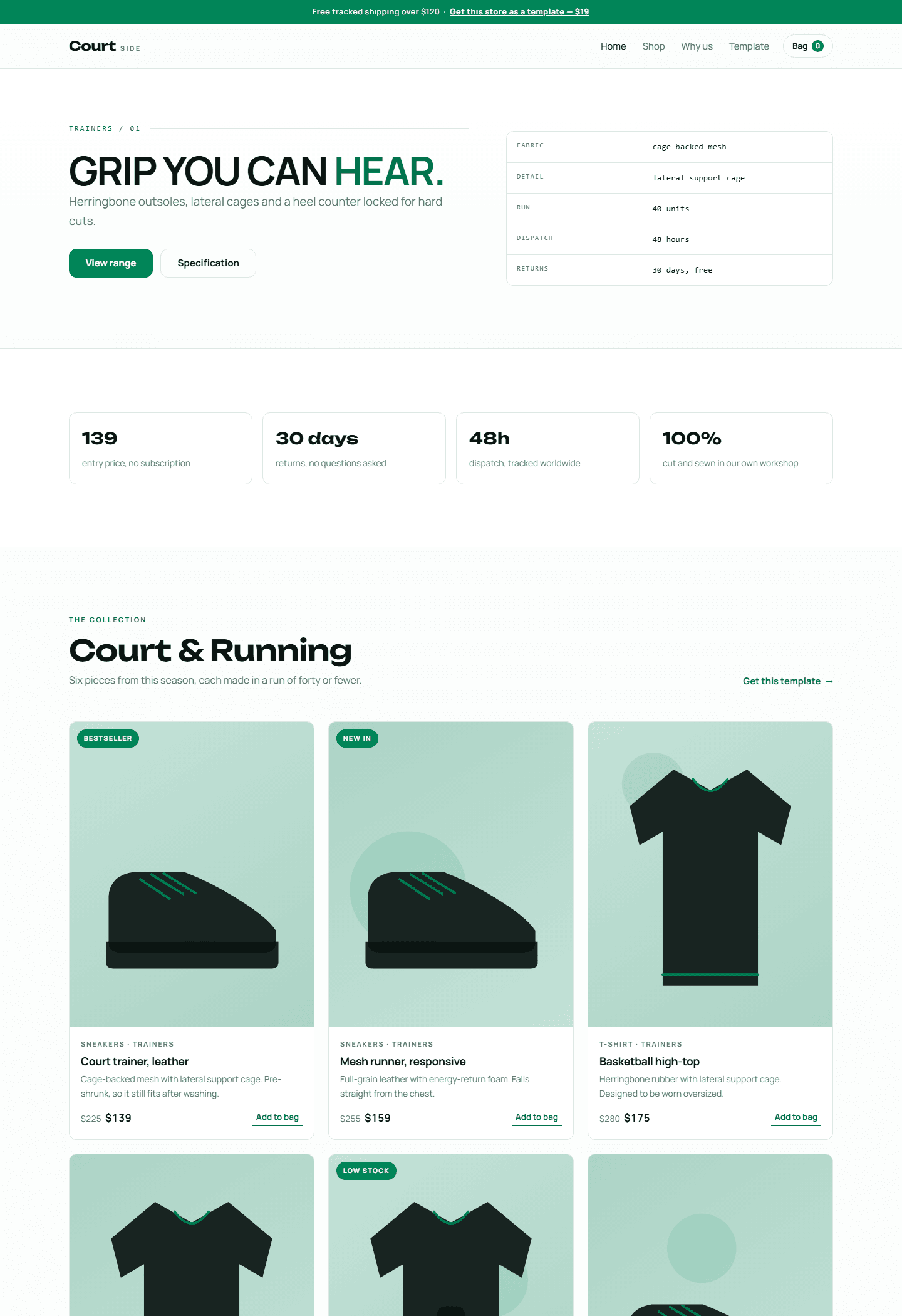 Court Side complete trainers e-commerce store template webpage layout with sneaker product cards and specs table