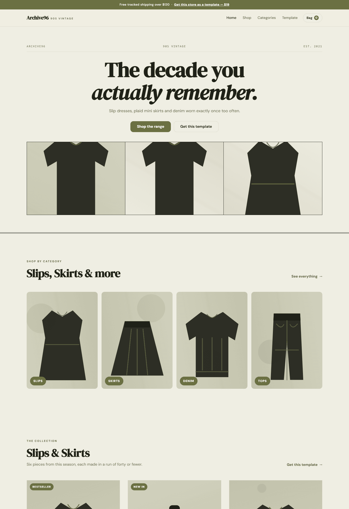 Vintage 90s e-commerce store template web page layout with clothing category cards and hero banner in HTML CSS JS