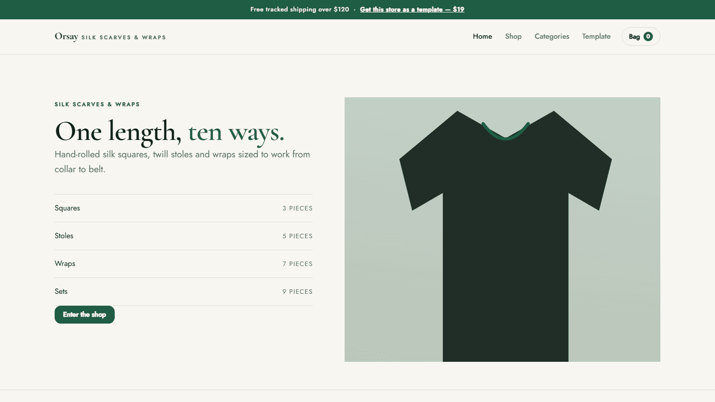 Silk scarves and wraps store template webpage layout with navigation, product categories, and a graphic hero banner