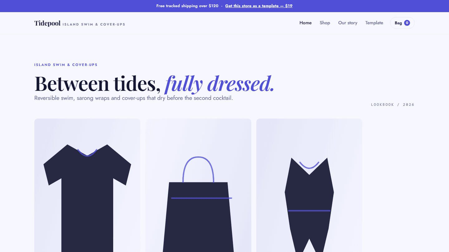 Tidepool island swim & cover-ups store template preview with hero text and product grid in a web layout